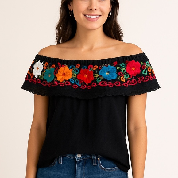 Black Embroidered Peasant Blouse - Picture 1 of 6